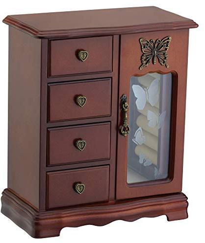 RR ROUND RICH DESIGN Solid Wood Jewelry Box for Women - Vintage Butterfly Glass Door Jewelry Armoire with Mirror, 4 Drawers & Rotating Necklace Carousel Brown