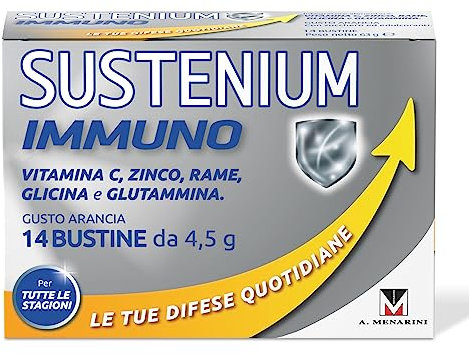 Sustenium Immuno - Integratore alimentare a base di Vitamine del gruppo B, C, Zinco e aminoacidi specifici. Per Energia e Difese immunitarie. Confezione da 14 bustine
