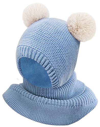 Kinder Schlupfmütze Mädchen Jungen Wintermütze Schalmütze Fleece Gefüttert Strickmütze mit Bommel Niedliche Winter Warm Beanie Mütze Kindermütze Bommelmütze Loop Schals für Kinder 2-6 Jahre Alt(Blau)