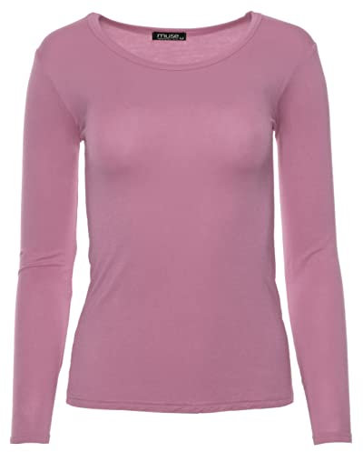 Easy Young Fashion - Damen Basic Rundhals Shirt - Langarm Unterziehshirt - Skinny Fit 1093 - Himbeer M