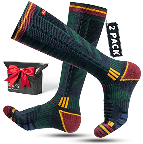 Rahhint 2 Pairs Merino Wool Ski Socks for Men,Compression Snowboard Socks, Knee High Thick Thermal Socks for Cold Weather,Breathable Quick Dry,Anti wear & Non slip,Size 3-15