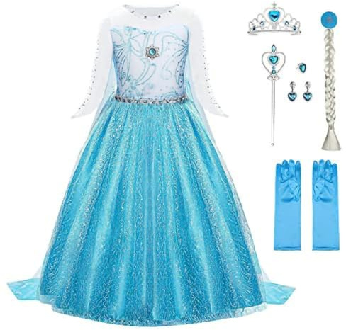 URAQT Princess Dress, Princess Costume with Crown Wand Gloves and Tiara, Costumes with Accessories for Girls, Kids Fancy Dress for Carnival Party Halloween Cosplay,100