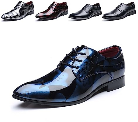 Hitmars Oxford Shoes for Men Derby Shoes Mens Formal Dress Business Lace Ups Shoes Patent Leather Breathable Classic Slip On Brogues Blue 1 Size 7, 7 UK (Gloi-GH1-BL41-bro)
