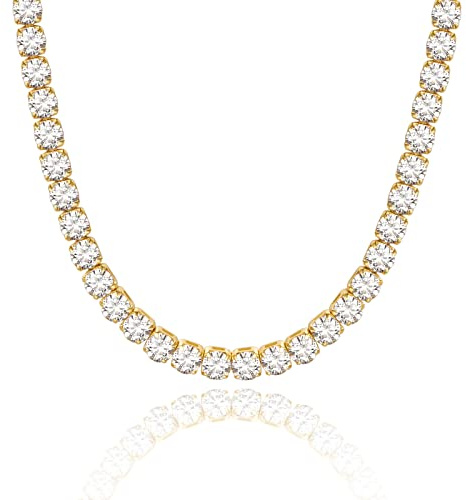 KissYan Collier tennis pour femmes, plaqué or 14 carats/or blanc avec diamants en oxyde de zirconium baguette en chaîne de tennis collier ras du cou épais bijoux délicats cadeaux, Cuivre