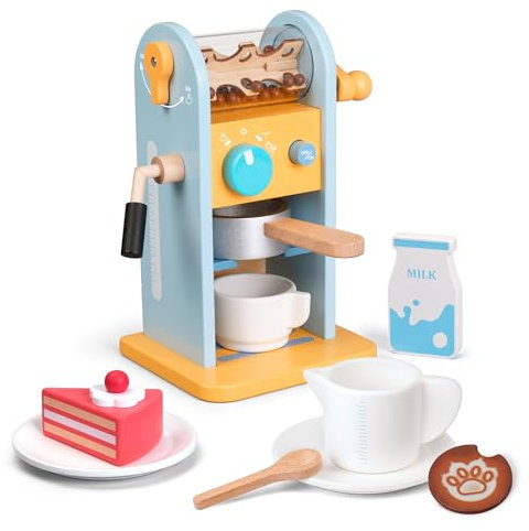ICEKO Wooden Coffee Machine Toy , 11-pcs Toy Kitchen Accessories Set, Kids Play Kitchen Playset with Moving Parts and Realistic Sounds, Ideal for Cafe Shop Role-Play