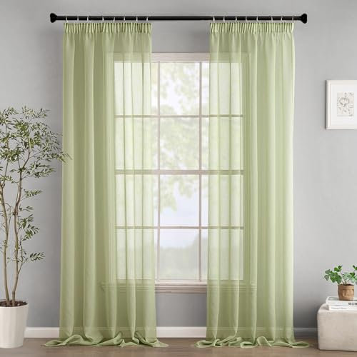 Woaboy Gardinen mit Kräuselband Voile Vorhänge Wohnzimmer Transparent Sheer Curtains Stores Gardine Schlafzimmer Modern Schlaufengardinen 2er Set 140x245cm (BxH) Grün