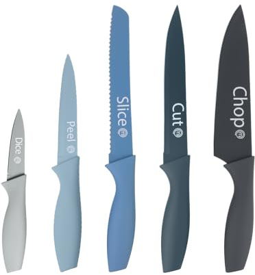 MasterChef Knife Set of 5 Kitchen Knives for Cooking (Paring, Utility, Bread, Carving & Chef Knives), Professional Sharp Stainless Steel, Non Stick Blades & Soft Touch Handles, Nordic, 5 Piece