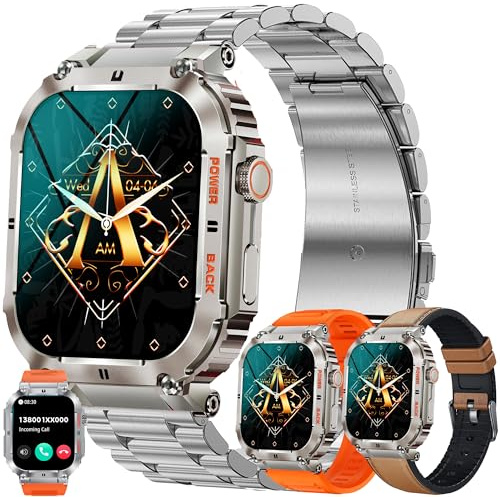 SGDDFIT 1,96 tum AMOLED smartklocka för män med samtal och Whatsapp, militär Smartwatch med 123 lägen hjärtfrekvens/SpO2/Sömn, 3ATM vattentät Smartwatch för män för Android iOS (Silver)