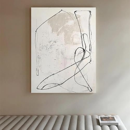 ZHUOYA Großes Ölgemälde auf Leinwand, minimalistische schwarze und weiße Linien, abstraktes Sofa-Hintergrund-Wandbild, Heimdekoration, Wandbild, 80 x 120 cm, rahmenlos