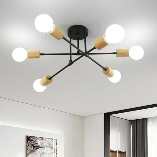 Comely Lámparas de Techo Industrial, 6 Luces E27 Plafon de Techo Negro, Lámparas de Araña 180° Forma Ajustable para Dormitorio Sala de Estar Salon Pasillo, Metal y Madera