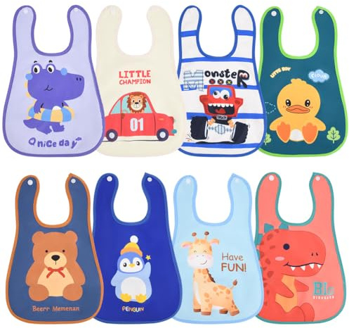 HOTUT Bavoirs Bébé, 8PCS Bavoirs Bébé en Imperméable, Pour Garçon, Fille, avec Boutons-Pression pour la Bave et le Repas