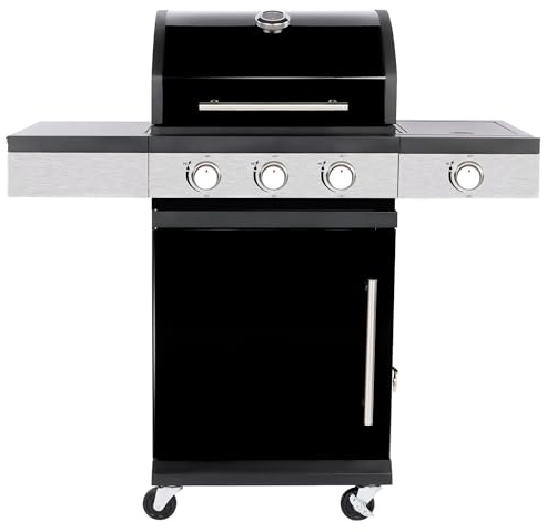 Woodland Grill 3+1 Burner Gas BBQ with Side Burner, Cast Iron Cooking Grid, Stainless Steel Warming Rack, Flame Tamers, Storage Cabinet, ABS Control Knobs & Compact Outdoor Design – OC01BQ31105