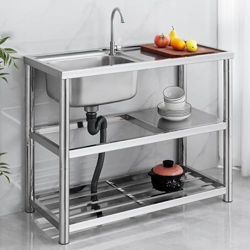 KCCRHIN Lavello da Cucina in Acciaio Inox Lavelli Commerciali A 1 Vasca con Piano di Lavoro E Ripiano Lavabo Inox per Esterni Lavello Indipendente per Ristoranti, Garage, Magazzini,120x45x80cm