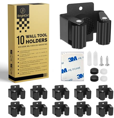 BrightOn® 10 Edelstahl-Wandhalter – Mop-, Besen- & Werkzeug-Organizer für Haus & Garten, mit 10 3M-Klebepads und 20 Schrauben