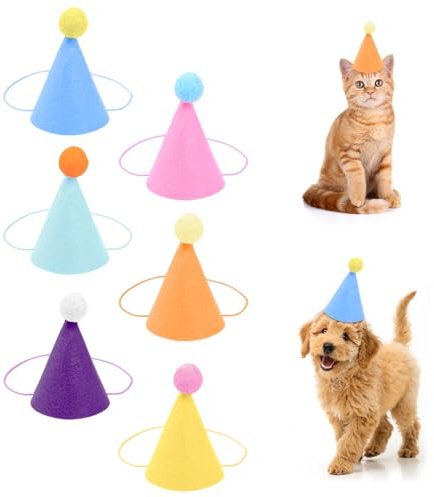 DIPZO 6 pezzi Mini Cappelli da Festa per Cani Piccoli e Animali Giocattolo, Cappelli Conici Colorati per Teddy, Peluche, Cuccioli, Gatti, Conigli, Decorazioni di Compleanno per Animali Domestici