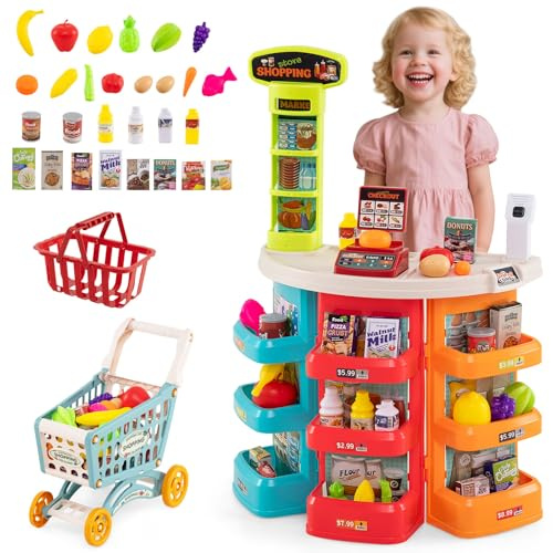 COSTWAY 29 PCS Marchande Enfants avec Chariot de Courses & Scanner avec Lumière et Son, Supermarché Enfant avec Étagères, Caisse & Balance, pour Garçons Filles 3+ Ans (Multicolore)