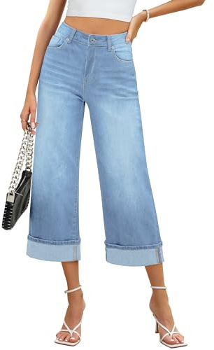 Roskiky Wide Leg Jeans for Women High Waisted Stretchy Denim Crop Capri Pants Fold Hem Cropped with Pockets
