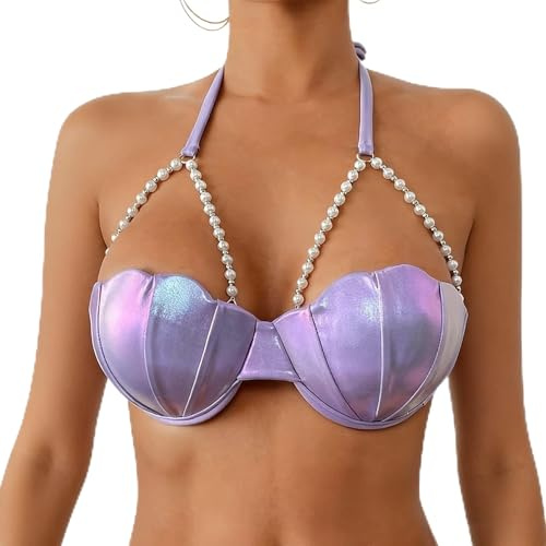 Mermaid Shell Bikini Top with Pearl Chain, Push Up Underwire Petal Swimsuit for Women, Sexy Beach Bathing Suit (Bright Purple,Large)