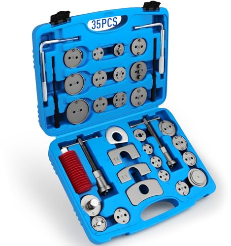 DISEN 35PCS Disc Brake Caliper Tool Kit, 24 Adapters Brake Piston Compressor & Wind Back Tool Set for Brake Pad Replacement, Heavy Duty Caliper Compression Tool Fits Most Vehicles