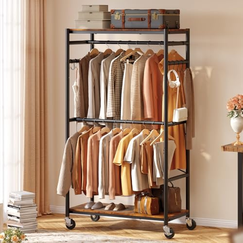 HOKEEPER Heavy Duty Rolling Clothes Rack, Metal Closet Organizer with Wood Shelves, Adjustable 70.9~79.9 H x 39.3 W Freestanding Wardrobe for Bedroom, Max Load 450 LBS