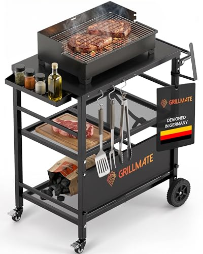 GRILLMATE Tavolo da barbecue per esterni, resistente alle intemperie, pieghevole, carrello per barbecue, barbecue a gas, forno per pizza, tavolino per balcone, resistente alla ruggine, portatile