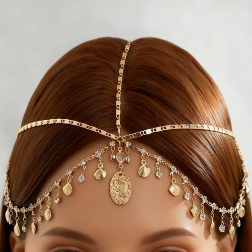 Merzio Gold Headpiece Head Chain for Women, 120pcs Rhinestone Festival Hair Accessories, Egyptian Cleopatra Costume Jewellery, Boho Goddess Headband for Prom Wedding