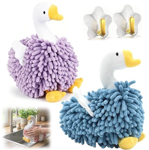 DUY Toalla de mano de felpilla con diseño de cisne y absorbente, toalla de secado de baño con lazo para colgar para fregadero de cocina, guardería y decoración del hogar (morado + azul, 22 x 20 x 10