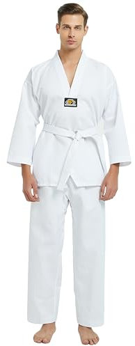 TopTie Kampfsportanzug Karateanzug TKD Dobok Taekwondo Anzug mit Weißer Gürtel Schwarz Trim