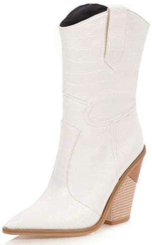 Toride Botas vaqueras para Mujer Media piel de becerro Tacón occidental Cuñas gruesas Resbalón en punta puntiaguda Botas de motorista de otoño invierno