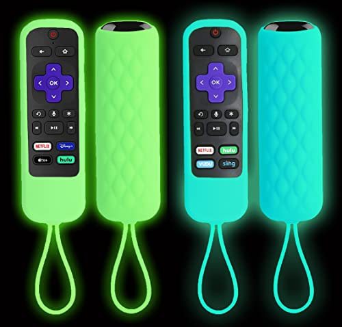 TOKERSE 2-pack silikonfodral, kompatibelt med Roku Express/streamingstick/Premiere – fjärrkontrollskydd kompatibelt med TCL Roku smart TV-fjärrkontroll, ersättningsfodral, skinn, lyser i mörkret –