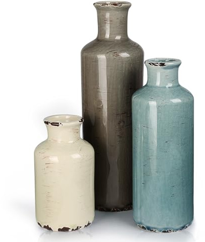 CUCUMI Ceramic Vases Set of 3, Rustic Coastal Vases Home Decor, Farmhouse Flower Vases Decor for Shelves, Ocean Beach Style, Mantle, Fireplace, Coffee Table, Shelf Decorations