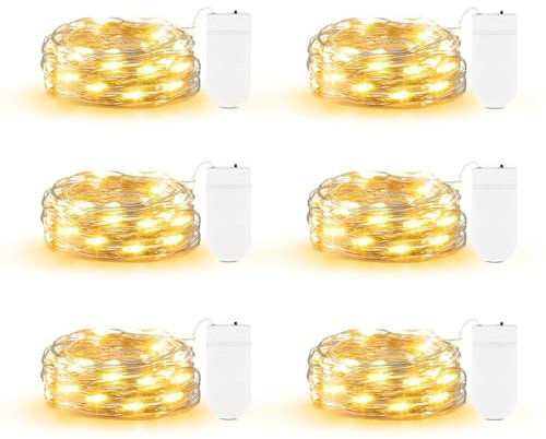 DBFAIRY Juego de 6 luces de cadena de 2 m, 20 ledes, alambre plateado, resistente al agua, micro cadena de luces para tarros de conservas, manualidades, fiestas, bodas, Navidad, decoración de mesa