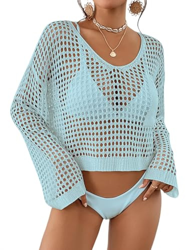 Bsubseach Femmes Crochet Crop Top Plage Maillot De Bain Cover Up Manches Longues Hollow Out Maillot De Bain Cover Ups Bleu Clair