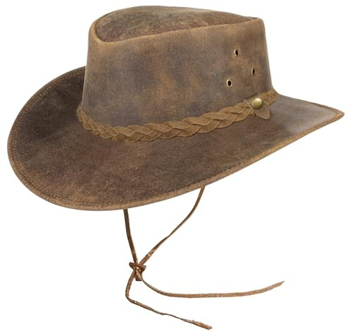 Pamposh Sombrero de vaquero de cuero para hombres y mujeres, hecho a mano, ligero, moldeable, duradero, de ala ancha, sombrero de vaquera, Marrón-01, L