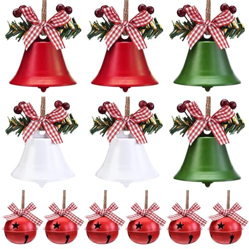 JTgugu 12 Stück Eisen Glöckchen Hängedeko für Weihnachten Jingle Bells Ornamente Weihnachtsdeko Weihnachtsglocken Weihnachtsbaum Schmuck Weihnachtsdekoration zum Aufhängen Glocken (Rot Weiß Grün)