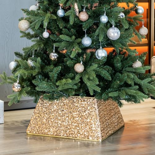 Taylor & Brown Dazzling Sequin Square Christmas Tree Skirt Stand Base Xmas Natural Folding Collar Basket Cover Decoration Tidy Home Decor 48 x 48 x 25cm (Gold)