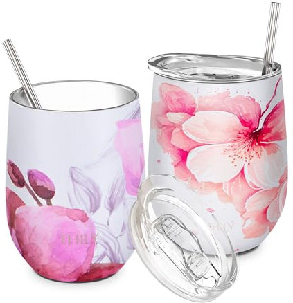 THILY Vakuumisolierter Weinkelch ohne Stiel 12 oz Edelstahl-Weinglas mit Deckel und Strohhalm, hält Kaffee oder Cocktails kalt oder heiß, 2er-Pack (Lotusblüte + Kirschblüten)