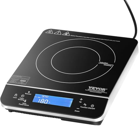 VEVOR Bärbar induktionshäll 2 200 W, elektrisk spishäll med 9 temperaturinställningar, induktionsvärmare med 4 timmars timer, 24 timmars reservation, barnlås
