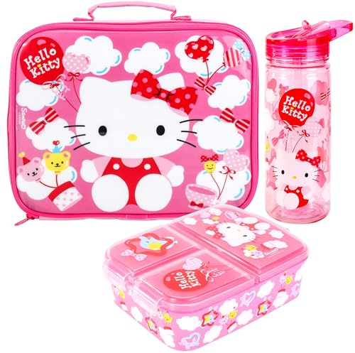 Stor Hello Kitty Kids Childrens Lunch Box Set – Insulated Lunch Bag, Multicompartment Lunch Box & 580ml Water Bottle - School Travel Lunch Food Set, BPA Free