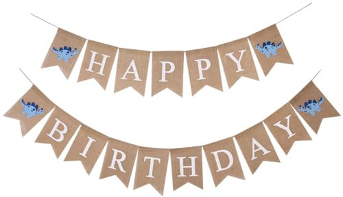 Bandierine di compleanno di dinosauro in tela di tela marrone con lettere bianche e dinosauro carino per la decorazione della festa di compleanno a casa o all'aperto