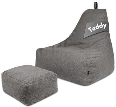 PatchHome Comfortline teddy sittsäck lounge fåtölj – gaming saccosäck set med fotpall – bekväm teddy fåtölj med fyllning (antracit, XL – sittsäck + pallset)