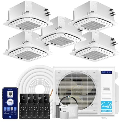 DELLA 42,000 BTU 5 Zone (9K+9K+12K+12K+12K) Ceiling Cassette Mini Split AC, Ultra Heat -13℉,8-way 360° Airflow,Covers 2450 Sq.Ft,Energy Star,22 SEER2 230V,Alexa Control,Pre-Charged Heat Pump,25ft Kit