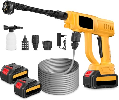 Teodute 21V Hidrolimpiadora Bateria, Hidrolimpiadora de Alta Presion, 3 Niveles Presión 6 en 1 Boquilla, Doble Batería 120Bar con 5M Manguera para Limpieza Coches Patios Jardines y Suelos