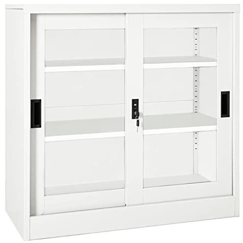 Frdhee Armoire de rangement, haute, avec porte coulissante, blanche, 90 x 40 x 90 cm, en acier, pour documents, fichiers et accessoires de bureau, installation rapide