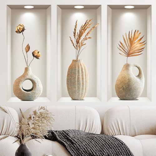 milaosk 3 Pièces Stickers Muraux Vase 3D Autocollant Mural Plante Vinyle Adhesif Art Moderne Sticker Mural Décoration pour Salon Cuisine Chambre Salon Bureau 23.5 x 50 cm