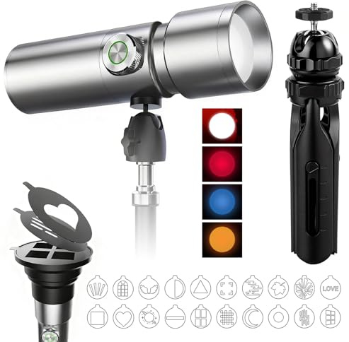 Portable LED Photography Flashlight, 10W 4-Color Light with 20 GOBO Filters, Adjustable Focus & Zoom, Tripod Mount, CRI95+, 7500mAh, 1760 Lux, for Wedding, TikTok, Cosplay, Vlog, Content Creation