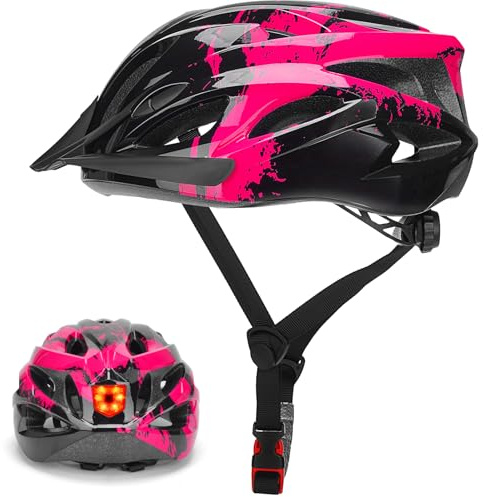 Casco da bici da uomo e donna, con luce, unisex, per adulti, traspirante, casco da ciclismo regolabile, 57-62 cm, rosa