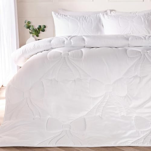 OHS Coverless Duvet Single 7.5 Tog, Gifts for Women Bow Bedding Soft Warm Microfibre Lattice Bow Quilted Coverless Duvet Summer Camping Quilt Comfy Washable White Bedding with Pillowcase