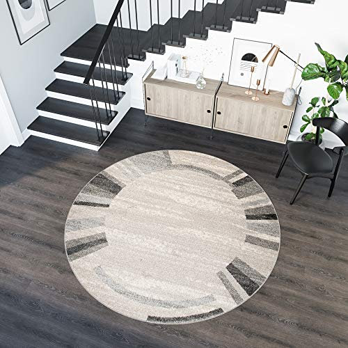 TAPISO Sari Teppich Rund Creme Hellgrau Modern Streifen Bordüre Meliert Design Wohnzimmer Schlafzimmer ÖKOTEX 100 x 100 cm