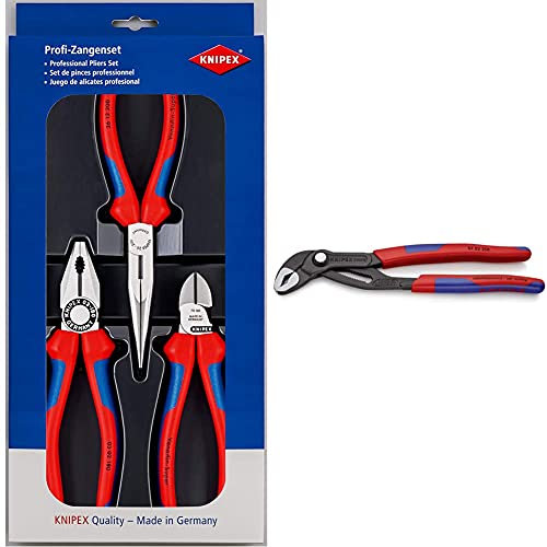 Knipex Assembly Set (self-Service Card/Blister) 00 20 11 & Knipex Cobra® High-Tech Water Pump Pliers Grey atramentized, with Slim Multi-Component Grips 250 mm 87 02 250